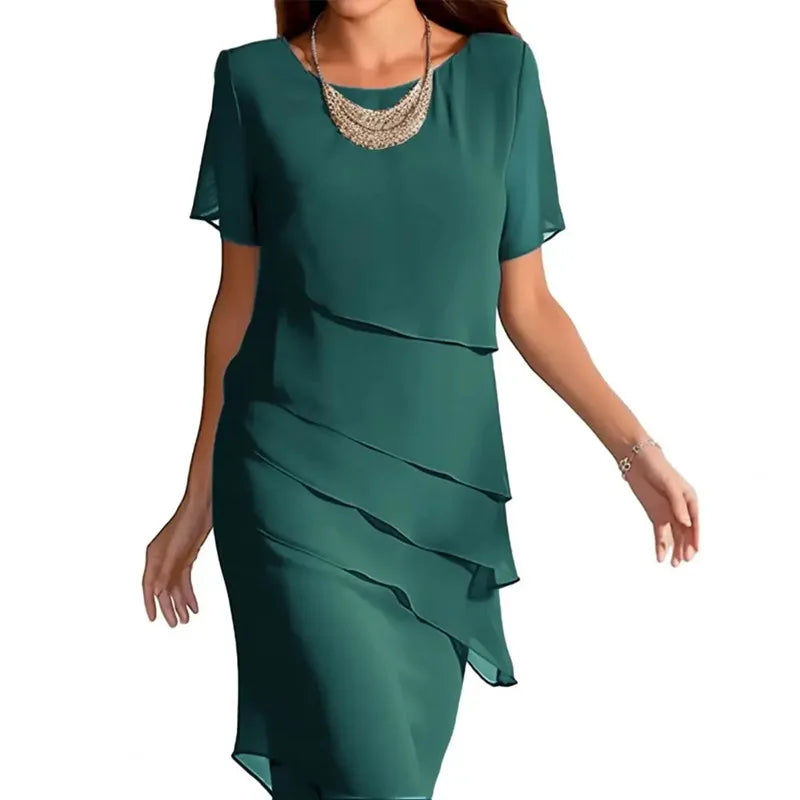Abito da donna sottile con volant irregolare al ginocchio Abito da festa sottile estivo femminile in chiffon patchwork Abiti a maniche corte JYFS-1096