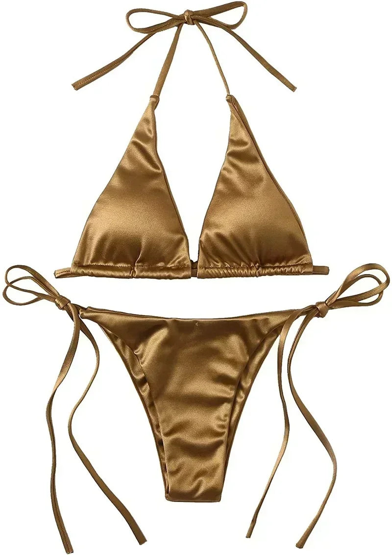 Sexy Halter Satin Brazilian Bikini Women Swimwear Female Swimsuit Two-pieces Bikini Set Bather Bathing Suit Swim Women Swimsuit