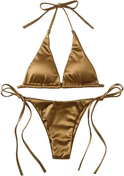 Sexy Halter Satin Brazilian Bikini Women Swimwear Female Swimsuit Two-pieces Bikini Set Bather Bathing Suit Swim Women Swimsuit