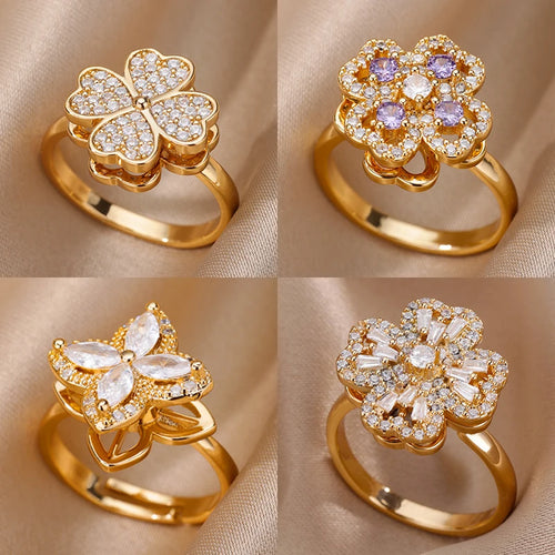 Anelli di ansia rotanti a quattro trifogli per le donne Anello nuziale regolabile in acciaio inossidabile color oro Anelli regalo di gioielli estetici