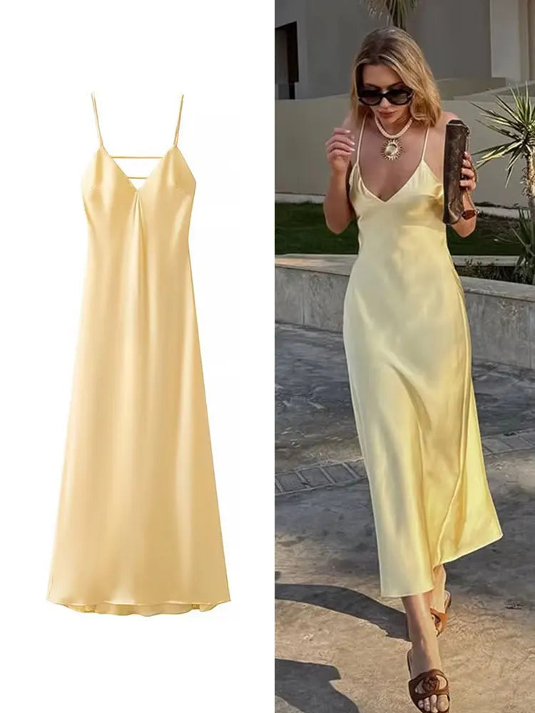 HH Abito estivo da donna con scollo a V giallo macchia Abito elegante senza maniche ampio Maxi abiti 2025 Nuovi abiti da festa per feste da donna