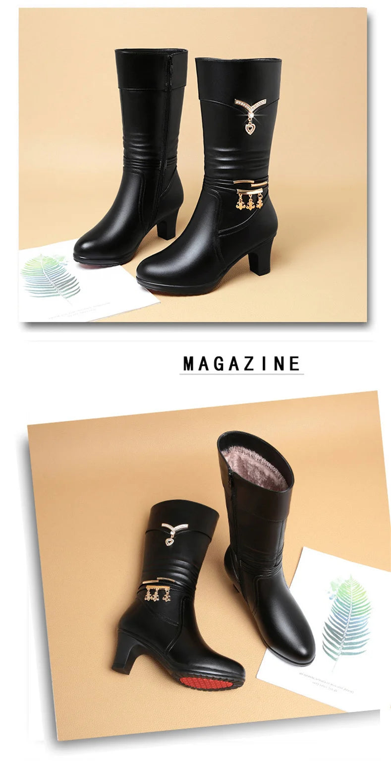 Women Comfortable Fleece Medium Boots Autumn Winter New Style Thick Heel Side Zipper Pointed Fashion High Heels Boots