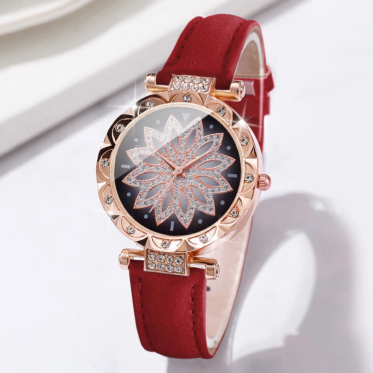 5 pz/set moda donna orologio quadrante fiore orologi al quarzo cinturino in pelle orologi da polso Set di gioielli con strass (senza scatola)