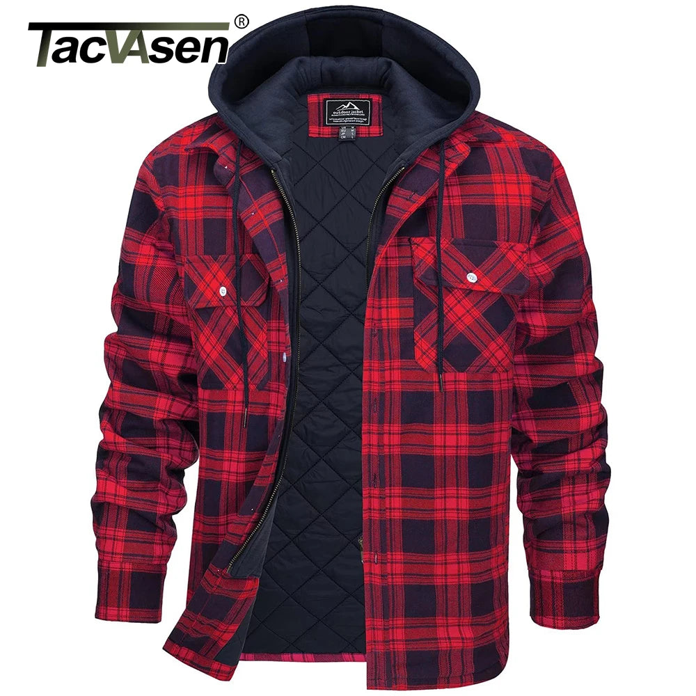 TACVASEN camicia di flanella da uomo giacca con cappuccio rimovibile Plaid trapuntato foderato cappotti invernali felpa con cappuccio spessa Outwear uomo camicie in pile