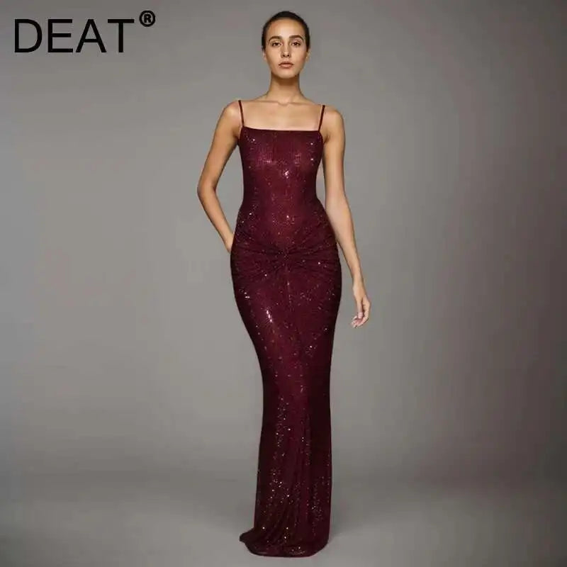 DEAT Moda Grigio Hot Drilling Spaghetti Strap Dress Donna Slim Fit Backless Pieghe Split Abiti lunghi fino al pavimento Nuova marea 7AB8510