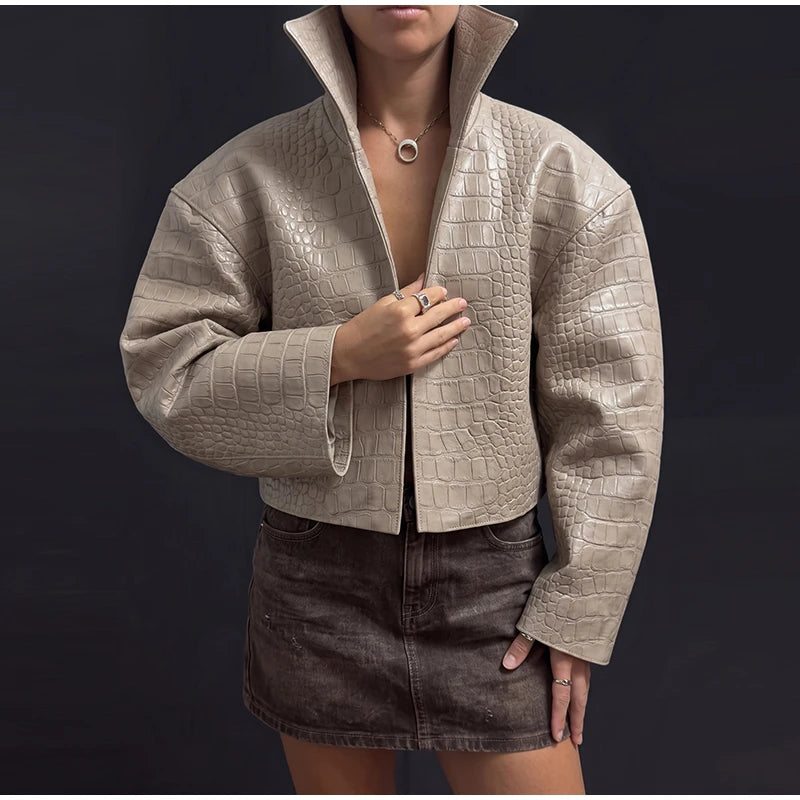 Giacca da donna in pelle PU tinta unita con colletto alla coreana e bottoni, cerniere, cappotto da donna, moda autunno 2026, capospalla femminile streetwear