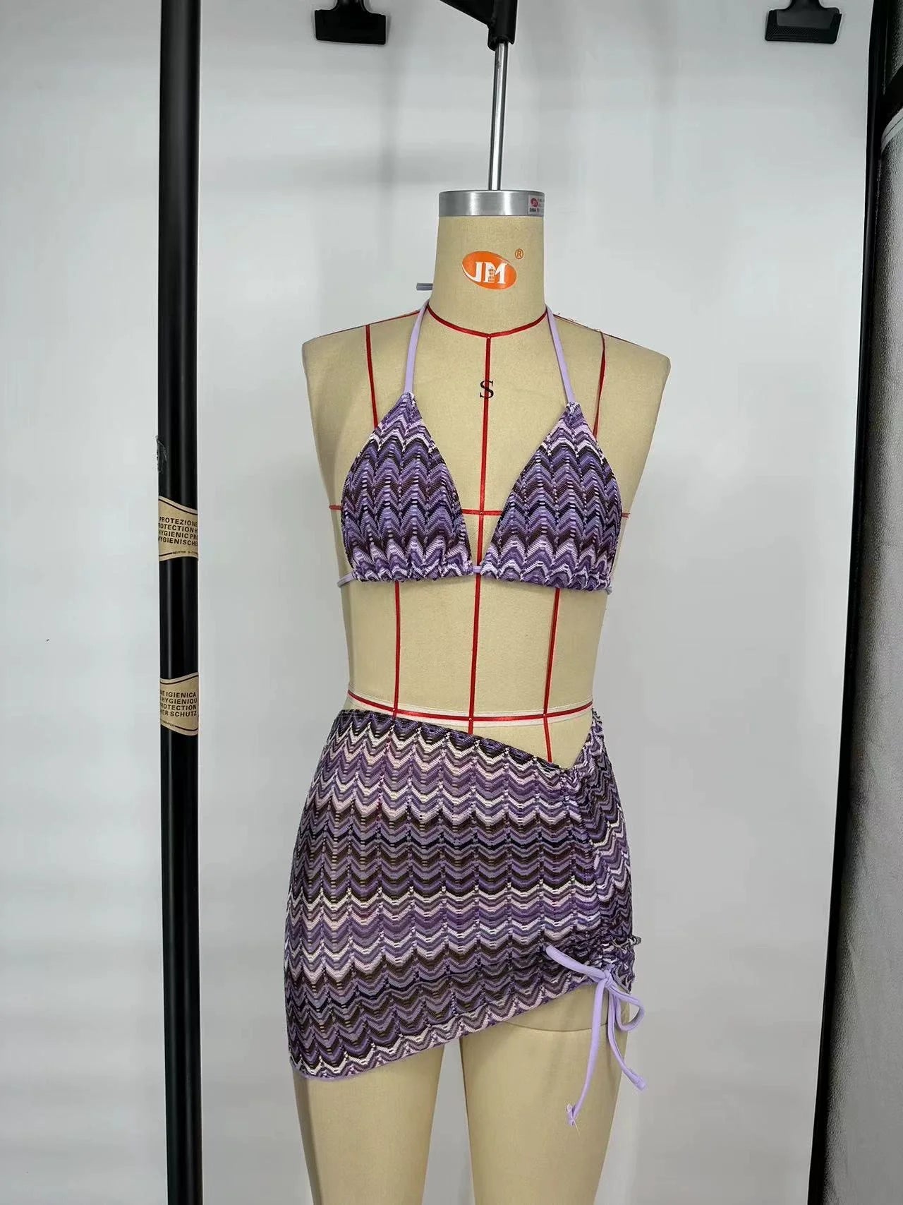 Costume da bagno donna Gonna bikini lavorata a maglia con foglie d'acero colorate Set tre pezzi Costume da bagno diviso Bikini