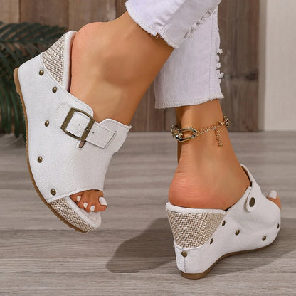Sandali Estivi da Donna di Tendenza, Scarpe con Zeppa Retrò a Punta Aperta, Sandali Romani con Piattaforma, Scarpe Casual di Lusso Firmate