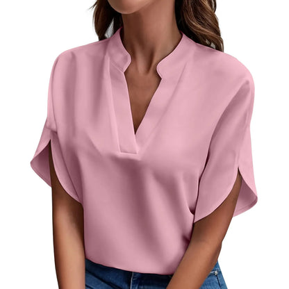 Hauts d'été pour femmes Blouse 2024 Mode Manches courtes Unies Col en V Chemises et blouses amples Élégantes Dames Hauts blancs