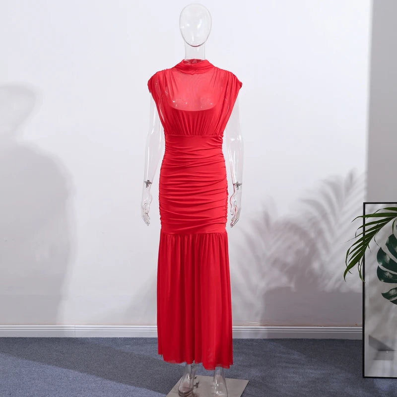 Maglia sexy vedere attraverso lungo abito rosso senza maniche piega patchwork a-line maxi abiti da festa femminile 2025 estate signora abiti slim