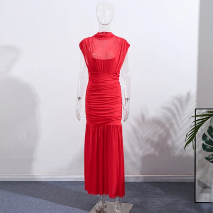 Maglia sexy vedere attraverso lungo abito rosso senza maniche piega patchwork a-line maxi abiti da festa femminile 2025 estate signora abiti slim