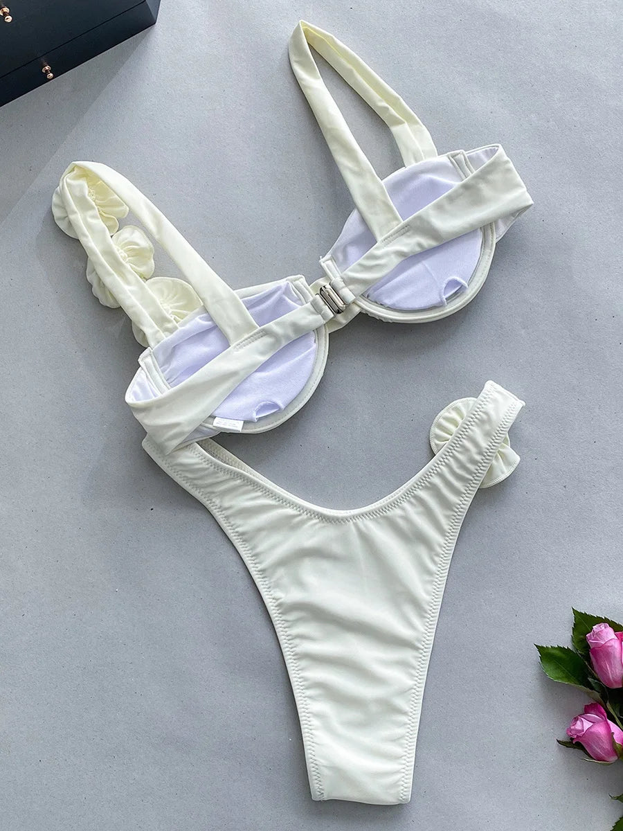 Sexy 3D Fiori con ferretto Bikini brasiliano Costumi da bagno donna Costume da bagno femminile Bikini a due pezzi Costume da bagno a triangolo Swim Lady