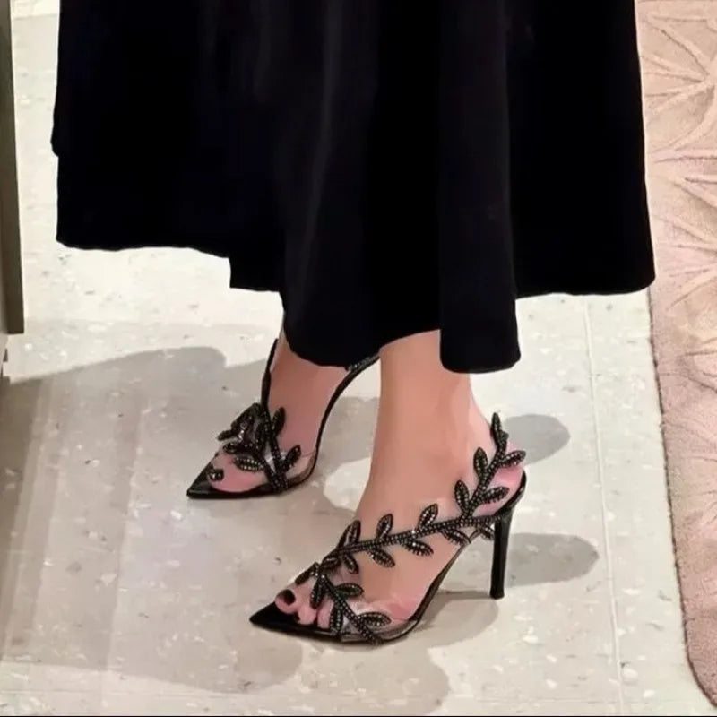 Nuovi Sandali Estivi da Donna con Tacco Alto, Punta a Foglia con Strass, Sandali con Tacco a Spillo, Scarpe Eleganti e alla Moda per Donne