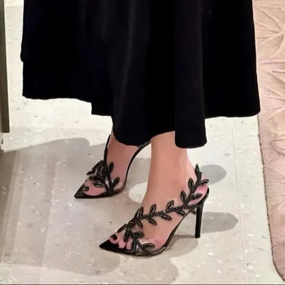 Nuovi Sandali Estivi da Donna con Tacco Alto, Punta a Foglia con Strass, Sandali con Tacco a Spillo, Scarpe Eleganti e alla Moda per Donne