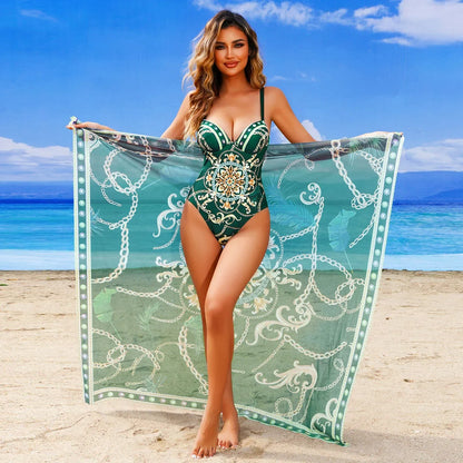 2025 New Underwire Women Sexy Swimsuit 2 Pieces Swimwear Slim Monokini Chains Print Push Up Bikinis Black Blue Green Beachwear
