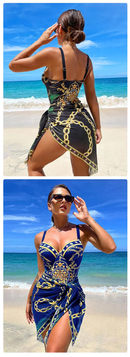 2025 Women One Piece Wired Monokini + Wrapped Skirt Black/Blue/Green Chain Printed Sexy Slim Fit Hanging Straps Hard Pack Bikini