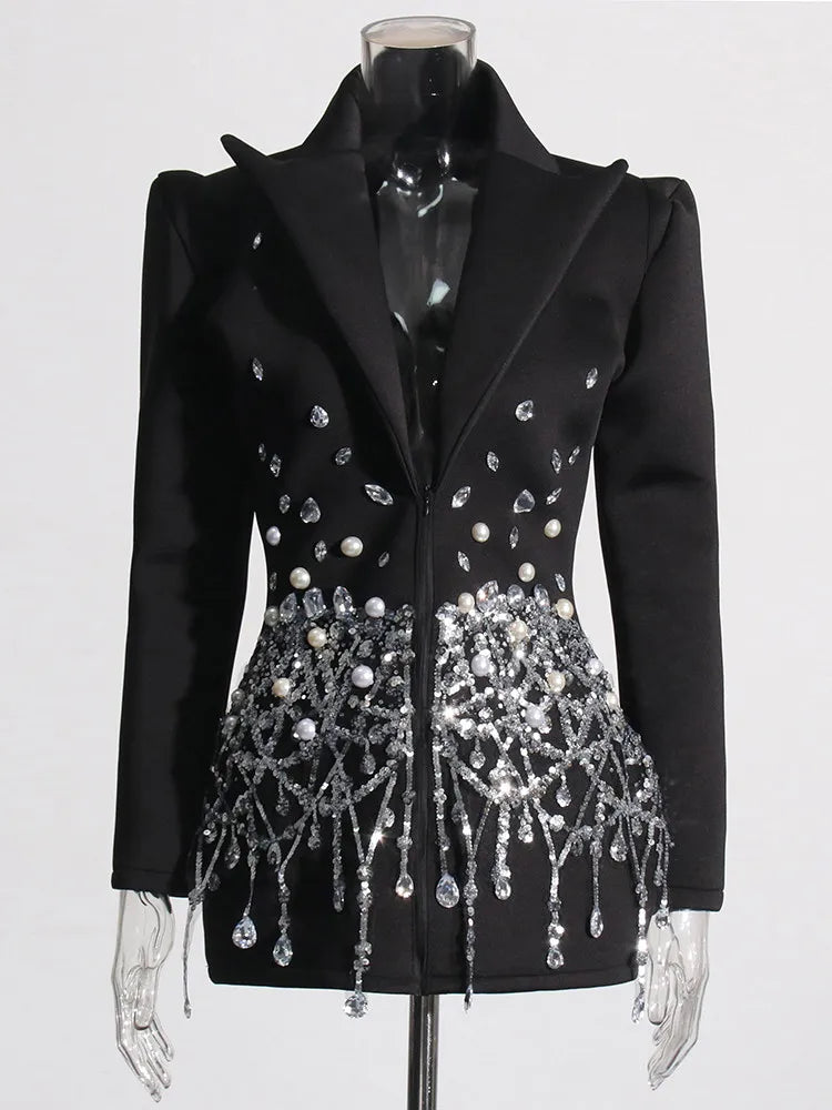 TWOTWINSTYLE Patchwork Diamonds Mini abito per donna bavero manica lunga vita alta impiombato paillettes abiti temperamento femminile nuovo