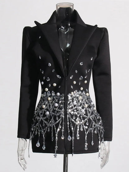 TWOTWINSTYLE Patchwork Diamonds Mini abito per donna bavero manica lunga vita alta impiombato paillettes abiti temperamento femminile nuovo