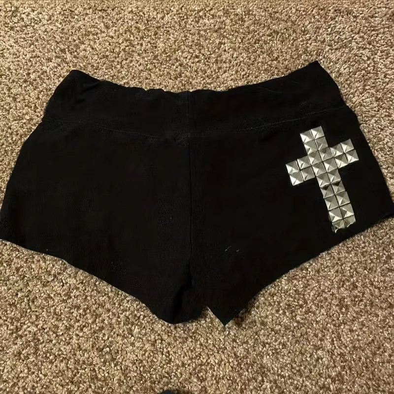 Shorts da donna Y2K estivi streetwear Gyaru vintage goth con stampa grafica Acubi, a vita bassa con bottoni, hot pants, abbigliamento alternativo anni '00