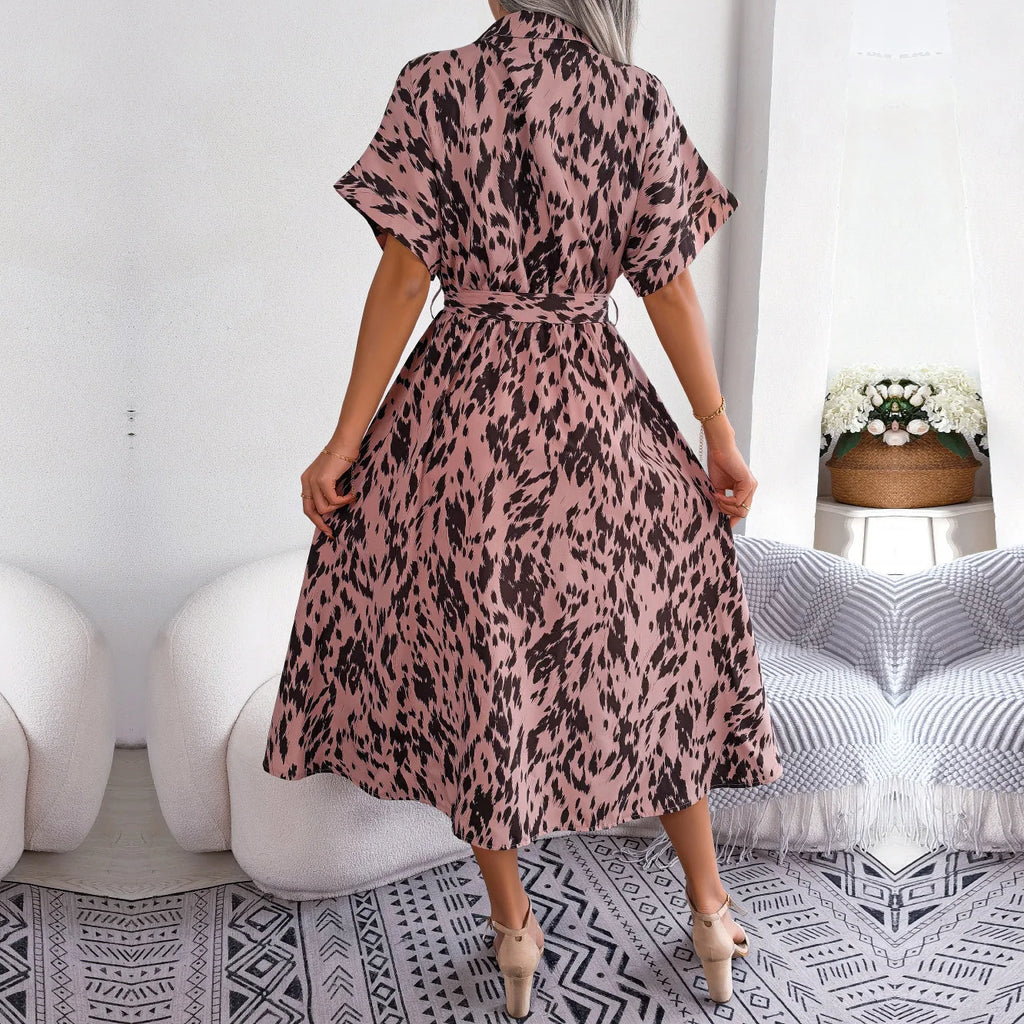 Ficusrong donna estate Casual allentato leopardo Lace Up camicia vestito per le signore moda tutti abbinati abiti Chic