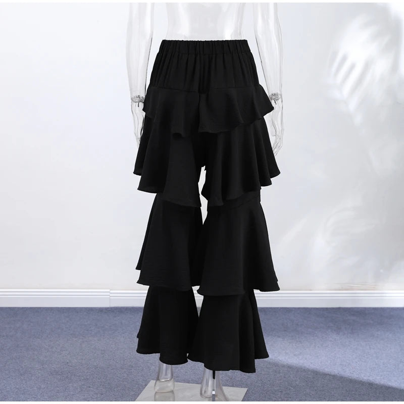 Eleganti Pantaloni a Zampa da Donna con Volant a Cascata in Chiffon a Vita Alta, Neri, Estivi 2026, Versatili, Nuovi