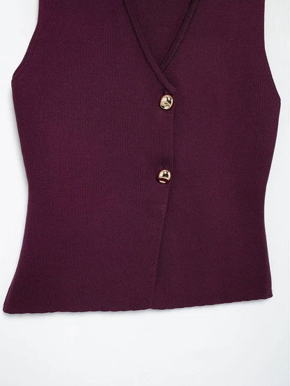 HH Set di gonne lavorate a maglia eleganti femminili 2024 Scollo a V con bottoni Canottiera + Gonna a pieghe patchwork a-line Abito solido alla moda