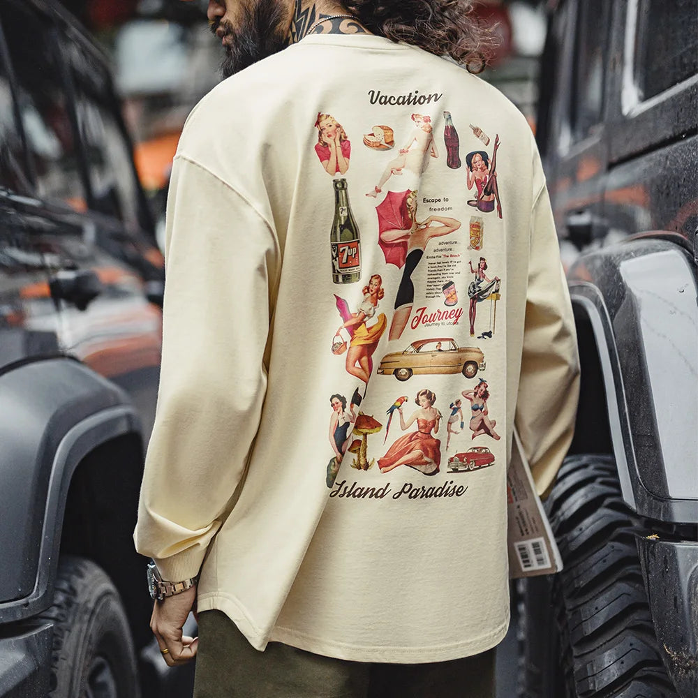 Maden T-shirt a maniche lunghe con stampa sul retro vintage Pullover ampio casual girocollo per top street-style da uomo primavera e autunno anni '60