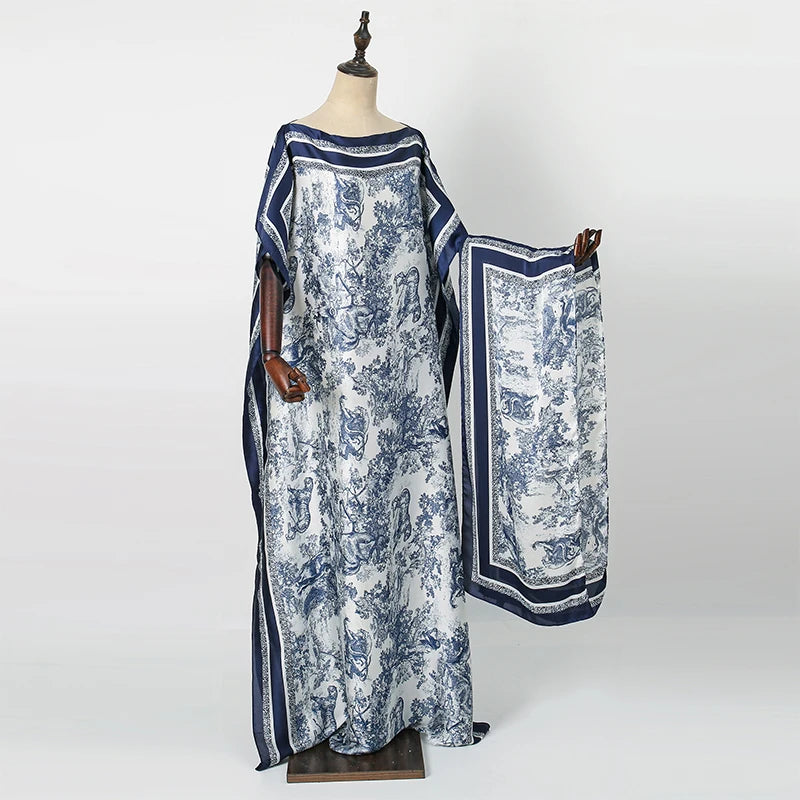 Di lusso Morbido Stampa Musulmana Abaya Donne Maniche Corte Imitato Raso di Seta Abito Lungo Allentato Femme Robe Islam Abiti Con Hijab