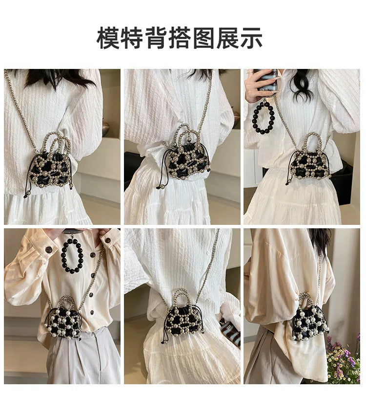 2024 estate piccole borse a tracolla per le donne Fine Fashion Hollow Pearl Beaded Weave Mini borse Trendy Party Prom frizioni borse