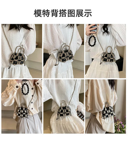 2024 estate piccole borse a tracolla per le donne Fine Fashion Hollow Pearl Beaded Weave Mini borse Trendy Party Prom frizioni borse