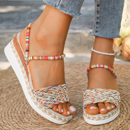 Summer Beach Vocation Sandali bohémien Donna Tacchi con zeppa Pantofole con plateau in tessuto colorato Donna Plus Size 43 Sandalias De Mujer