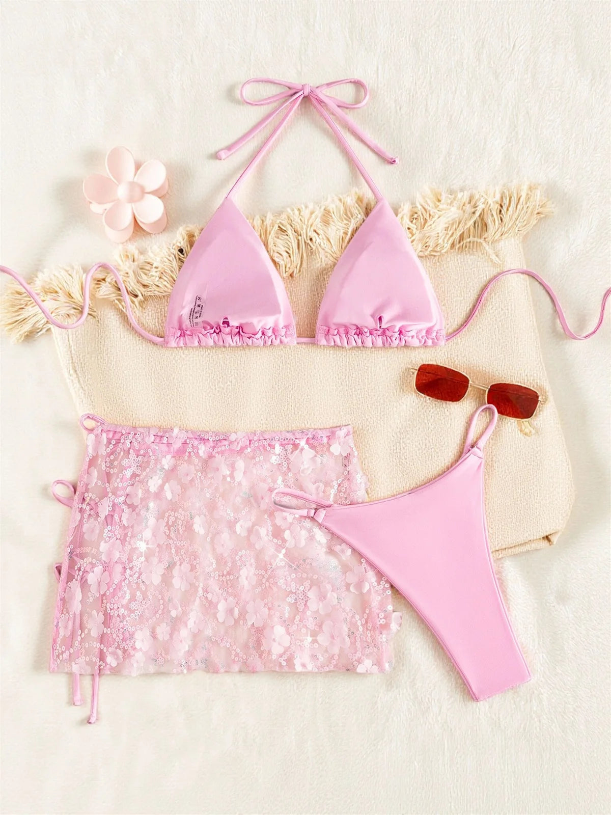 Costume da bagno a 3 pezzi con gonna in rete rosa con paillettes, reggiseno push-up e perizoma, stile brasiliano, per donna, ideale per le vacanze.
