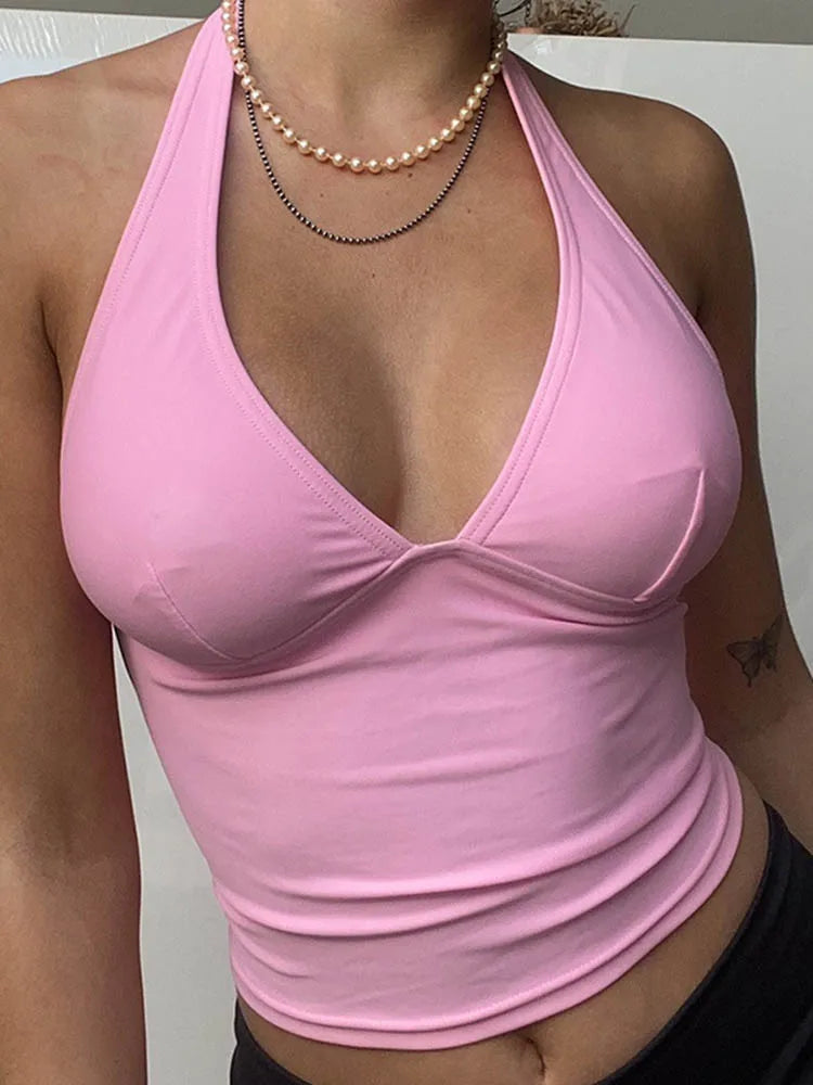 Sommer Halter Camisole Tank Top Damen V-Ausschnitt Sexy Tanktops Camis Figurbetont Rückenfrei Rosa Korsett T-Shirt Femme Tops Damen T-Shirt
