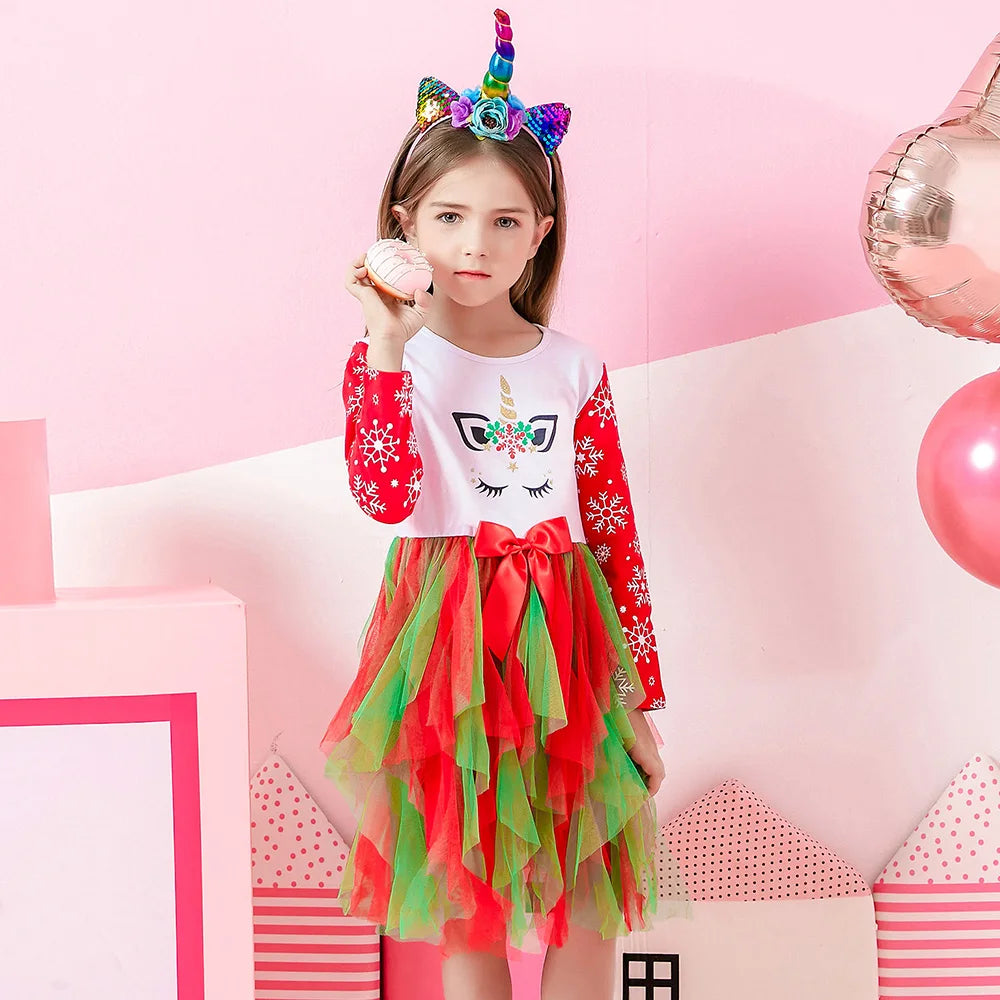 VIKITA Abito da bambina con unicorno natalizio Abito da tutù con stampa fiocco di neve a maniche lunghe per bambini con gonna in tulle a strati rosso verde per Natale