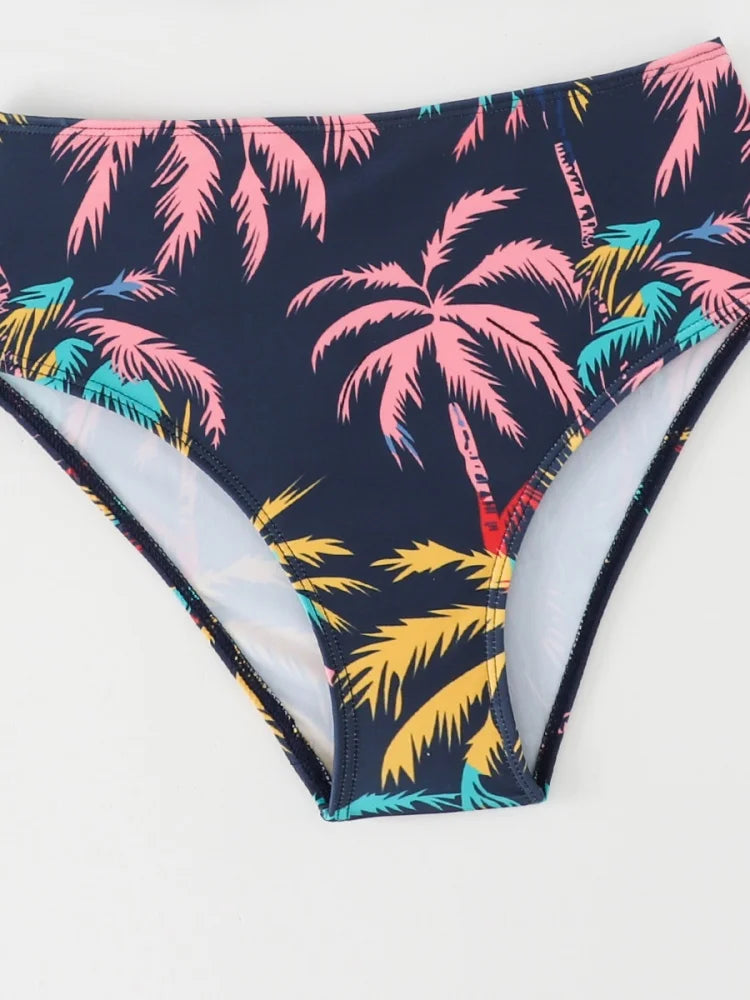 Costume da bagno bikini da donna 2026, nuovo set bikini con stampa albero di cocco, sexy, a vita alta, per l'estate e la spiaggia