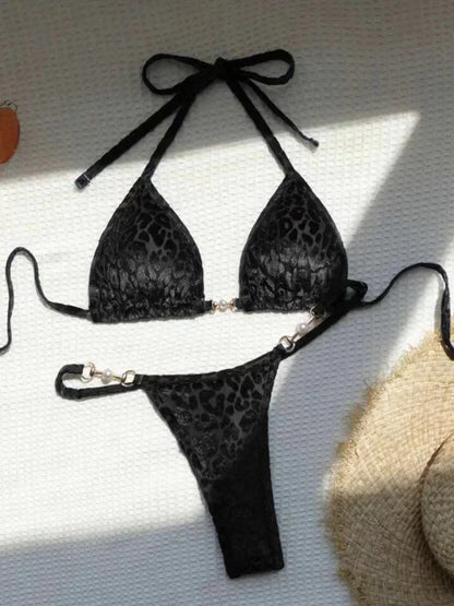 Sexy Leoparden Samt Bikini Mini Micro Tanga Bikinis Damen Bademode Weiblicher Badeanzug Zweiteiliger Bikini Set Neckholder Badeanzug Schwimmen