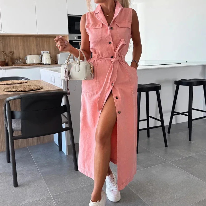 Abito elegante in denim solido con lacci e colletto in risvolto Abito lungo sottile con tasca senza maniche casual Abiti da festa in vita con bottoni alla moda da donna