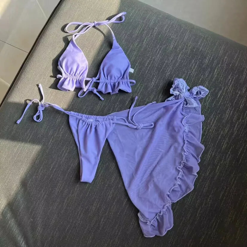 Nuovo con Sarong Halter Bikini arruffato costumi da bagno donna costume da bagno donna tre pezzi Bikini set bagnante costume da bagno Swim Lady K4144