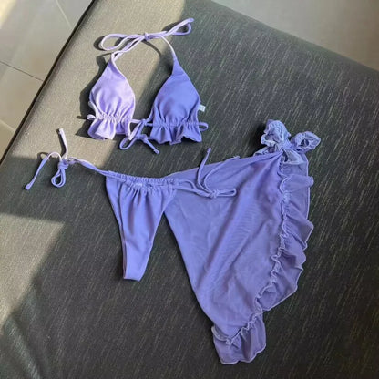 Nuovo con Sarong Halter Bikini arruffato costumi da bagno donna costume da bagno donna tre pezzi Bikini set bagnante costume da bagno Swim Lady K4144
