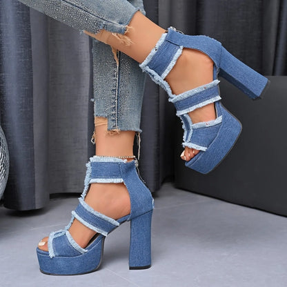 Sandales d'été pour femme Nouvelle plateforme en denim bleu Sangle de cheville Chaussures à talons hauts pour femme Sandales sexy à bout ouvert mode d'extérieur
