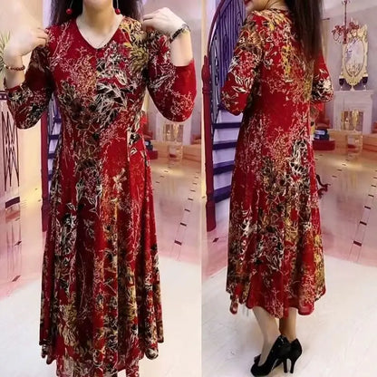 Abito lungo stampato floreale moda casual Abbigliamento femminile Elegante scollo a V Primavera Autunno A-Line Vita Abiti vintage a maniche lunghe