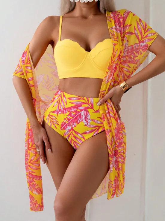 Elegante stampa 3 pezzi bikini set costume da bagno donna vintage bikini a vita alta maglia cover up 2025 nuovo costume da bagno biquini femminile
