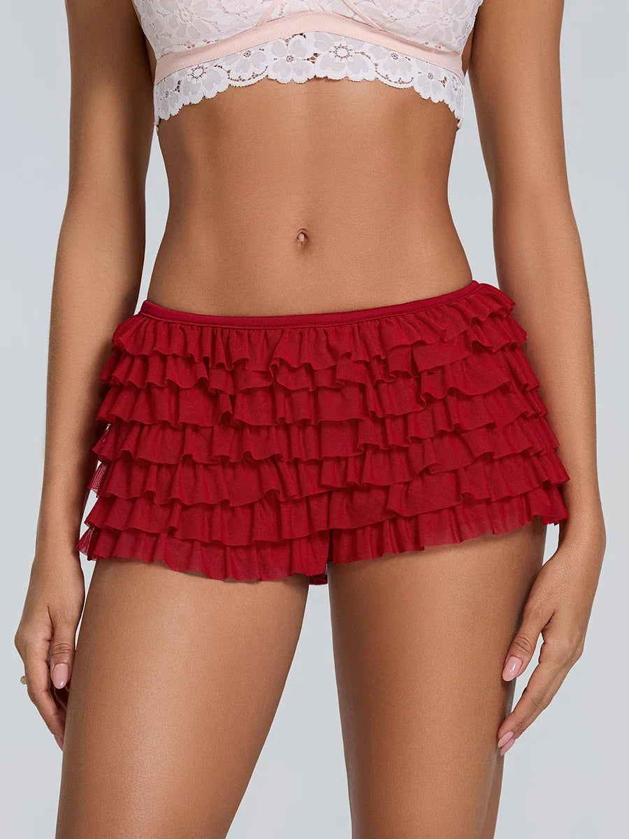 Pantaloncini da donna Pantaloni corti a strati con volant in chiffon tinta unita Vita elastica Bloomers casual Pantaloncini caldi sexy Abbigliamento da casa