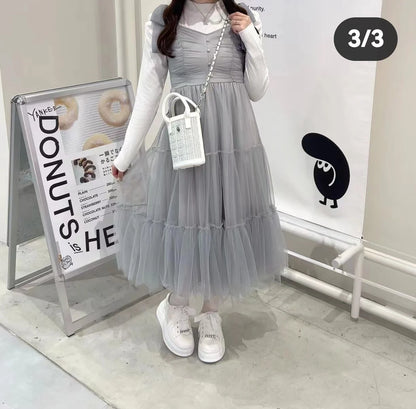 Abiti da donna di nicchia in stile giapponese Primavera Estate Autunno Ragazza Dolce fiocco Abito in rete Lolita Abito lungo con bretelle da fata carina