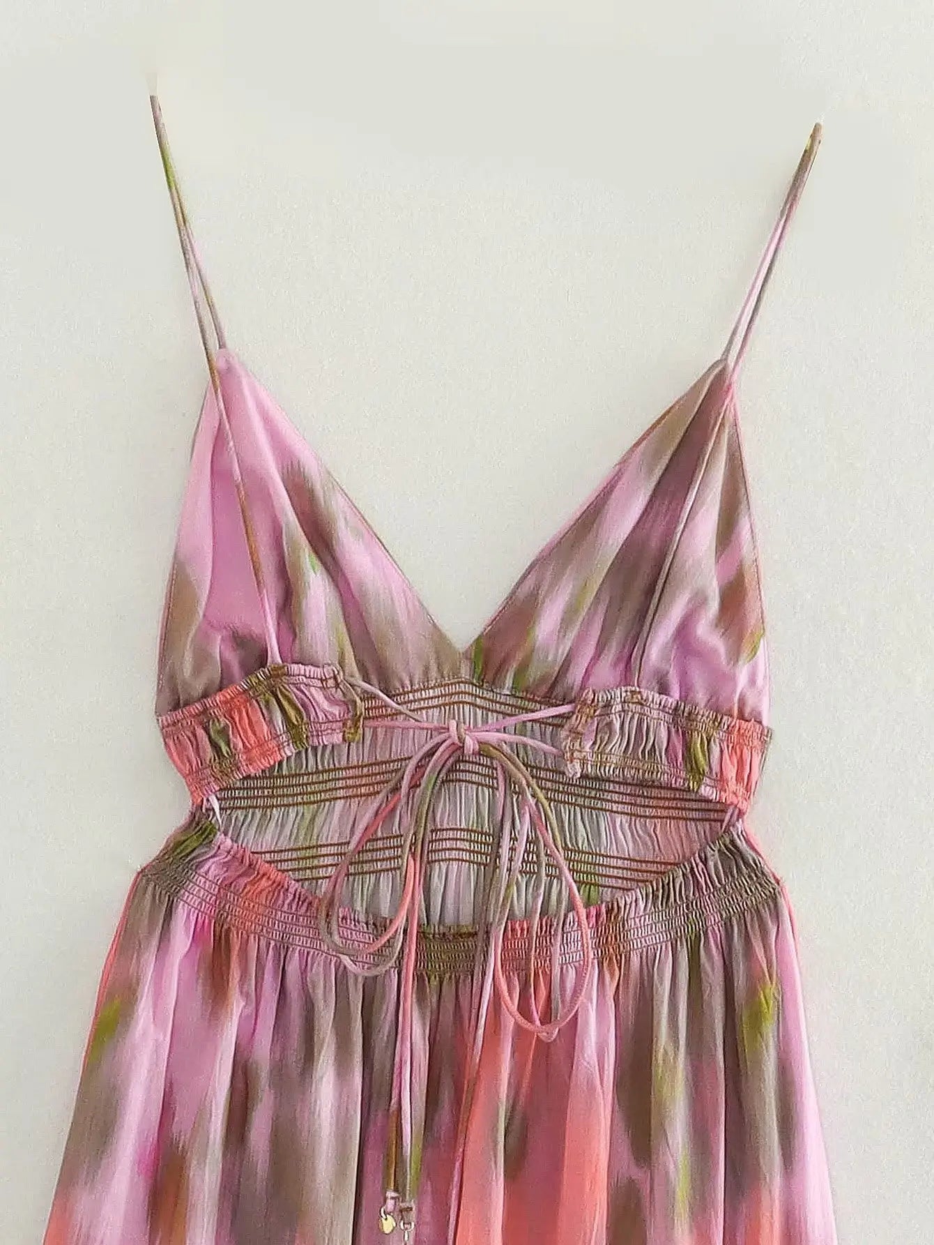 Abito senza schienale con elastico in vita stampato alla moda Abito da donna con lacci Cinghie vintage con scollo a V Abiti midi da spiaggia chic per le vacanze femminili