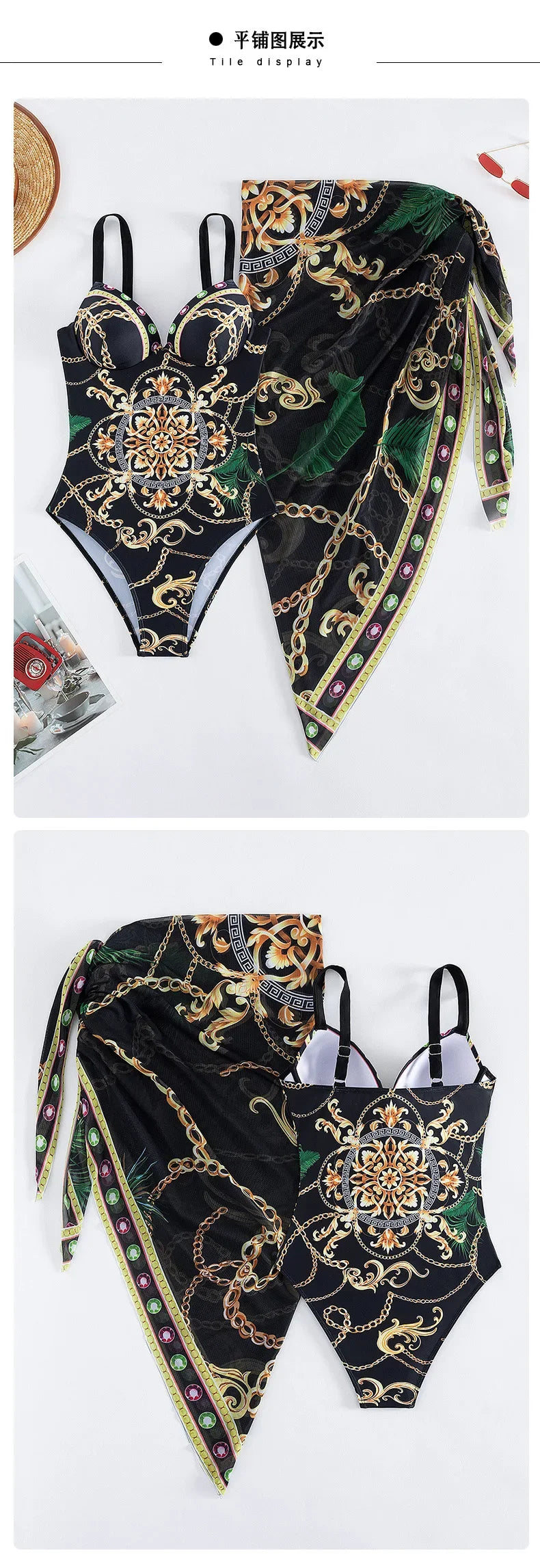 2025 New Underwire Women Sexy Swimsuit 2 Pieces Swimwear Slim Monokini Chains Print Push Up Bikinis Black Blue Green Beachwear