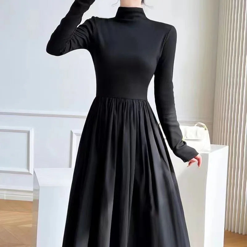Lucyever Abiti a trapezio neri stile francese Abito longuette elegante a maniche lunghe a vita alta da donna Abito maxi slim fit autunno inverno
