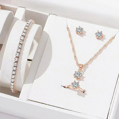 Parure de bijoux élégante en cristal 5 pièces, collier, bracelet, boucles d'oreilles et bague en zircone, parure de bijoux simple, tendance et polyvalente