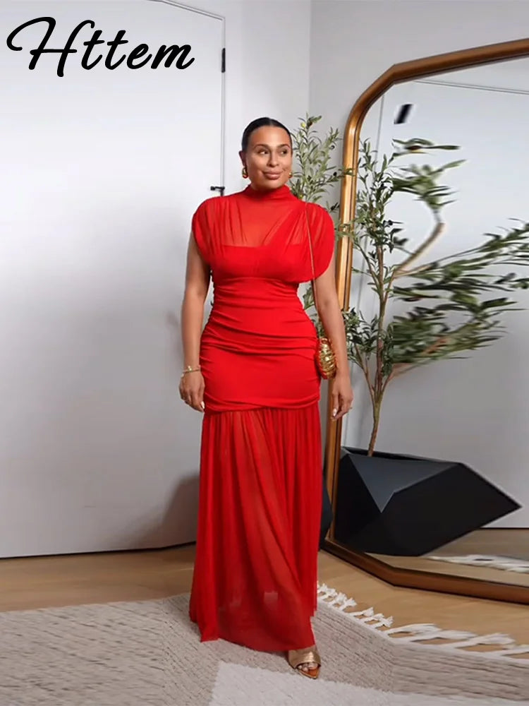 Maglia sexy vedere attraverso lungo abito rosso senza maniche piega patchwork a-line maxi abiti da festa femminile 2025 estate signora abiti slim