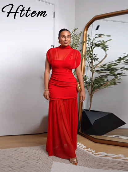 Maglia sexy vedere attraverso lungo abito rosso senza maniche piega patchwork a-line maxi abiti da festa femminile 2025 estate signora abiti slim